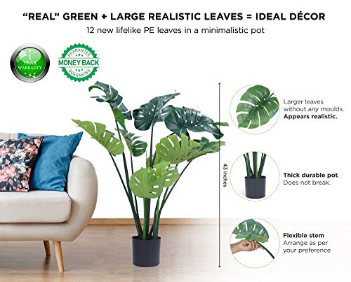 Flybold Artificial Monstera Plant Fake Monstera Deliciosa 43 Inch Tall Fake Plant Large Tropical Palm Tree Swiss Cheese Plant With 12 Big Faux Green Leaves And Durable Pot For Indoor Outdoor Floor Home Decor thumb #1
