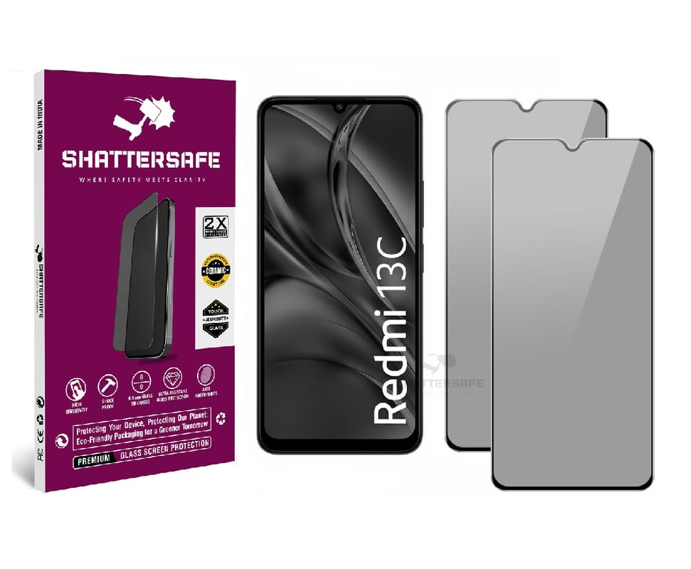 Image of Anti-Spy Privacy Tempered Glass Compatible For Redmi 13C [Pack of 2]. 9H Hardness, Anti-Scratch, Edge-to-Edge Protection With Easy Installation Kit & Case Friendly Fit.