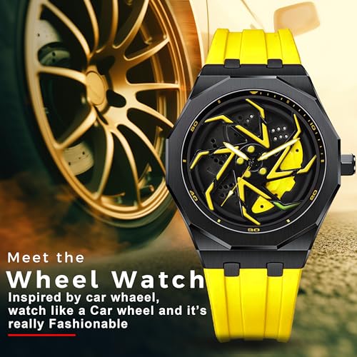 Image of IIK COLLECTION Men's Car Wheel Watch with Spinning Car Rim Hub Design with Silicon Strap|| Analog | Quartz Movement|| Water Resistant, Scratch Resistant