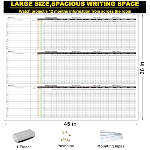 Extra Large Dry Erase Gantt Chart for Wall, 36 x 45 Inch Erasable Multi Project Management Timeline Tracker, Giant 52 Week Visual White Board Time Blocking Planner Poster for Tracking Task Status