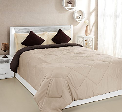 Image of Amazon Brand - Solimo Microfibre Reversible Comforter, Double (Subtle Beige & Walnut Brown, 200 GSM) Solid 144 TC 100% Cotton Double Bedsheet with 2 Pillow Covers, Off-White