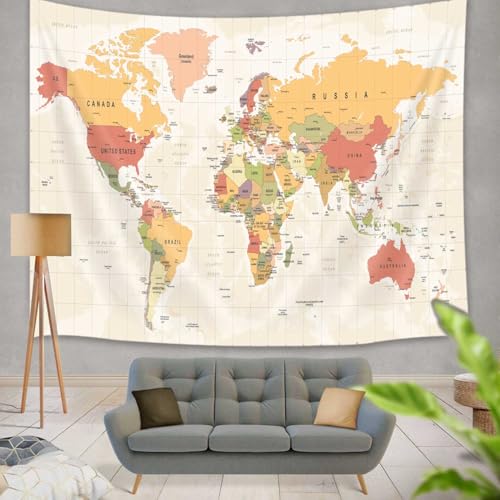 JAWO World Map Tapestry for Kids Student, with Countries & Major Cities Educational Vintage Asia Europe South City Topography America Africa Japan Wall Tapestries 40X30 Inch