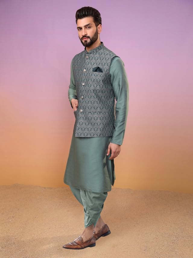 Kisah Mens Kurta Jacket Dhoti Set, Jacquard Silk Blend Mandarin Collar Long Sleeves, Green Ethnic Wear Set For Men, 42