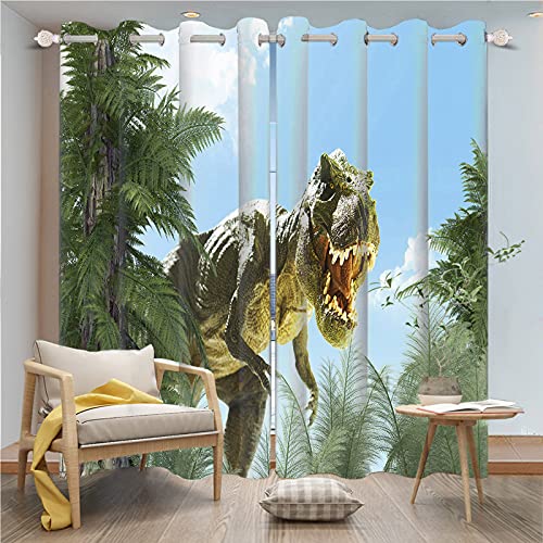 Umpoo 26X63 Inch Dinosaur Blackout Curtains Tropical Rainforest Tyrannosaurus Blue Sky Jurassic Animal World Theme For Living Room Bedroom Window Drapes, 2 Panel Home Set With Holes #TOP14