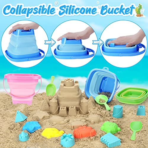 Racpnel Collapsible Beach Buckets & Beach Toys For Kids, Foldable Sand Bucket And Shovels Set With Mesh Bag & Sand Molds, Silicone Beach Sand Pails For Beach Travel, Sand Toys For Kids And Toddlers #TOP1