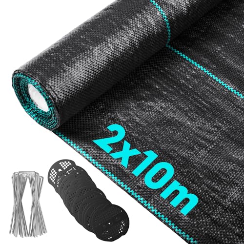 Vegamall 2mx10m Telo Pacciamatura 80g/m² Telo Anti Erbacce per Giardino e Orto con 40 Picchetti, 40 Dischi Tamponi, Telo per Pacciamatura Permeabile all'Acqua Telo Pacciamatura Drenante