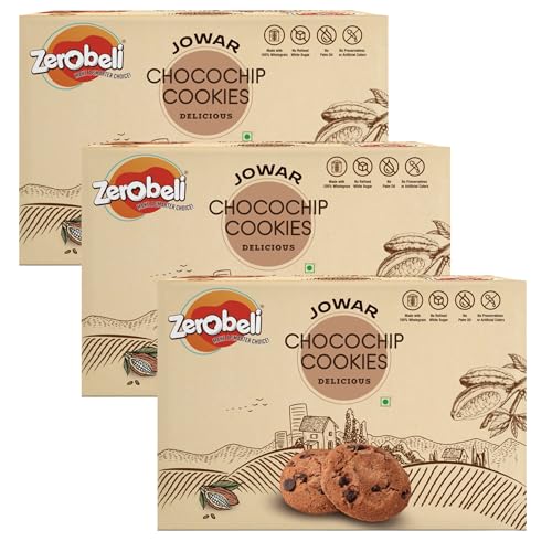 Image of Zerobeli Jowar Choco Chip Cookies 250g (Pack of 3)| Wholegrain Chocolaty Millet Cookies | Jowar, Oats, and Whole Wheat High in Fiber for Healthy Snacking with Rich Chocolate Chips