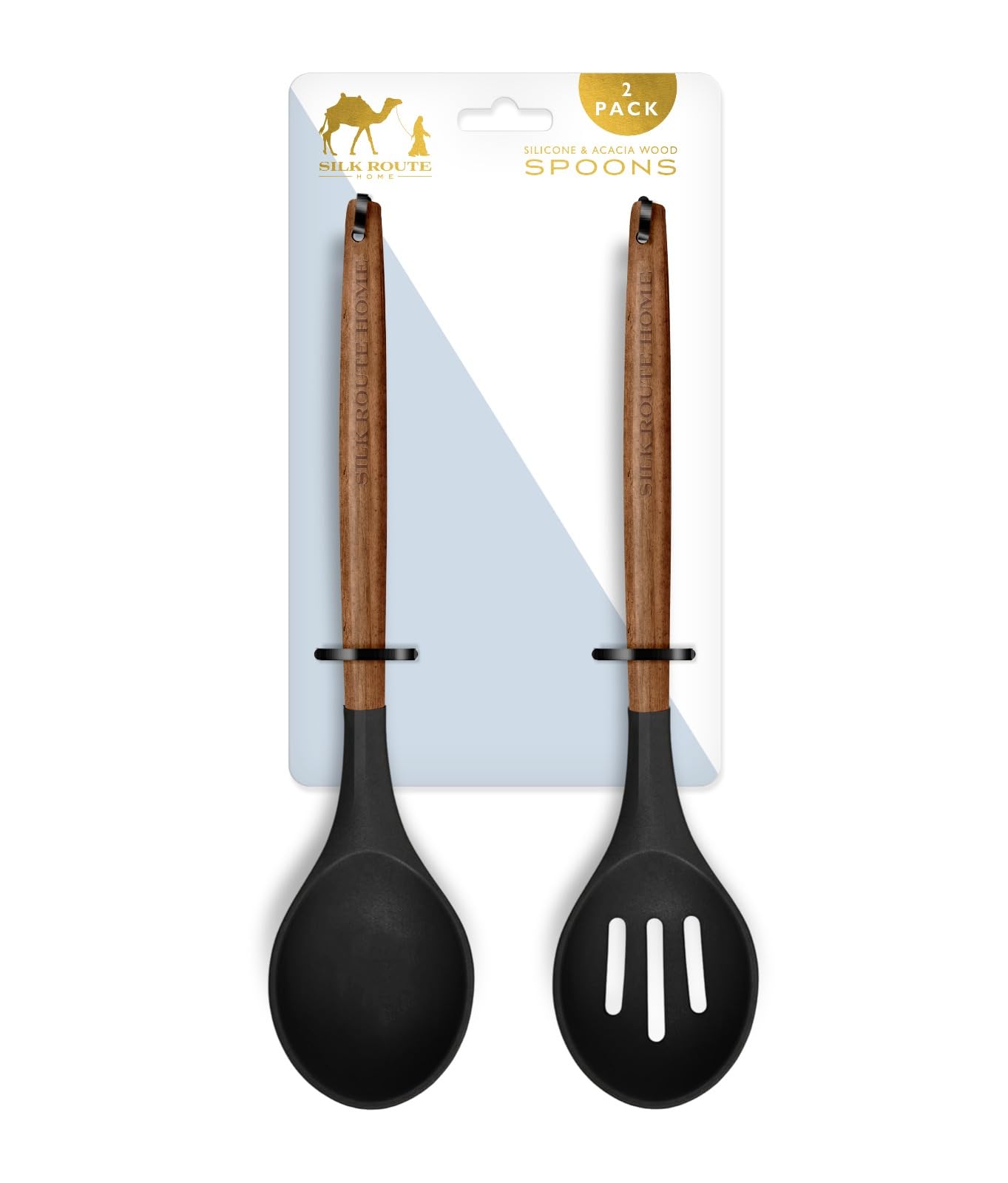 Silk Route Home Set 2 Kitchen Utensils Acacia Wood & Black Silicone Slotted Spoon & Spoon