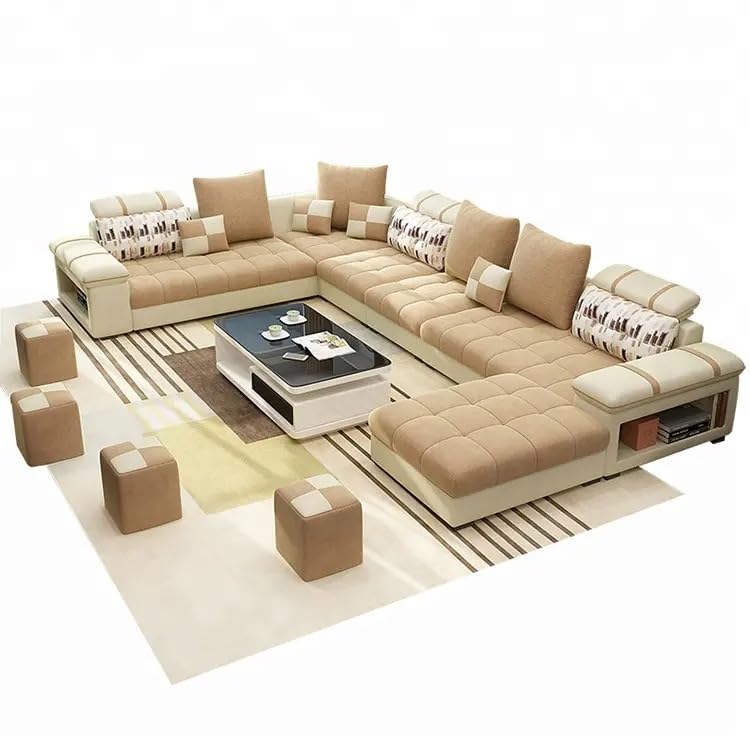 Image of Tyler 9 Seater Sofa Set for Living Room | U Shape Sectional Fabric Sofa Set with 4 Puffy | L Shape Sofas (Cream & Beige)