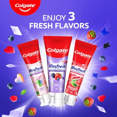 Image of Colgate MaxFresh Berry Magic Fluoride Toothpaste, Berry Flavoured Gel Toothpaste with Ultrafreeze Technology for Intense Freshness, 10x Longer-lasting Cooling 200 gm (Pack of 2 x 100g)