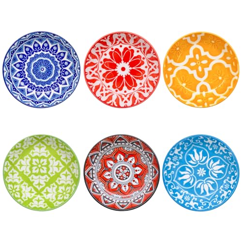 inheming 6 Pcs Porcelain Tapas Dishes, Small Spice Bowls,9.7cm Small Ceramic Dipping Bowl, Snack Bowls for Sushi, Sauce, Bohemian Style, Microwave & Dishwasher Safe