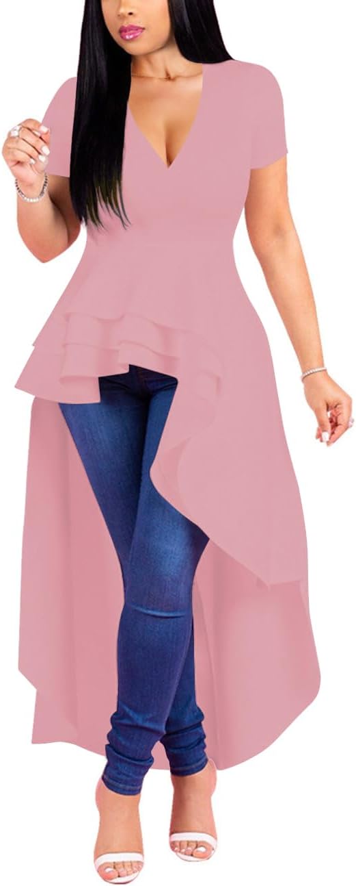 Lrady Womens V Neck Short Sleeve High Low Cocktail Party Dresses Peplum Tunic Tops Shirt Dress - Image 3