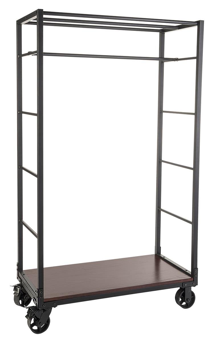 Displays2go Industrial-Style Clothing Rack with Two Removable Shelves and Wheels, Mahogany (WHLRKBK142)