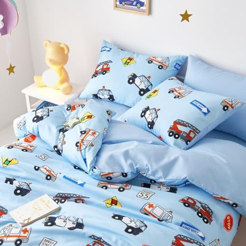 Freyamy Kinder Bettwäsche 135x200 Blau Bunt Cartoon Auto Kinderbettwäsche – Ansicht 5