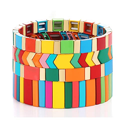 ANGLESJELL Rainbow Enamel Tile Bracelets for Women Men Multicolored Tile Bead Bracelets Stackable Colorblock Strand Bracelet Bangles Wedding Bridal Wrist Accessory