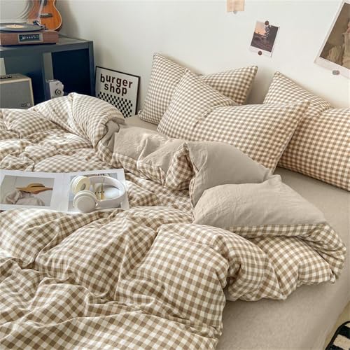 Image of Nayoroom Gingham Duvet Cover Full Size Brown Tan Plaid Checkered Comforter Cover Grid Farmhouse Bedding Set 3 Pcs Soft Breathable Washed Microfiber Gifts for Women Men