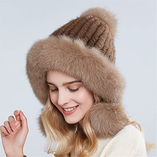 Desconocido Gorros de Piel de Invierno para Mujer, Gorros con pompón de Piel, Gorros de Piel de Punto con Forro cálido