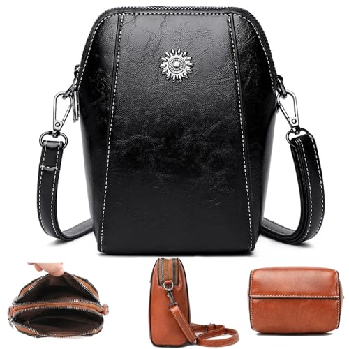 Bolsa de couro antifurto, bolsa tiracolo pequena para celular feminina, bolsa tiracolo para celular com tela sensível ao toque com alça, Preto, Small