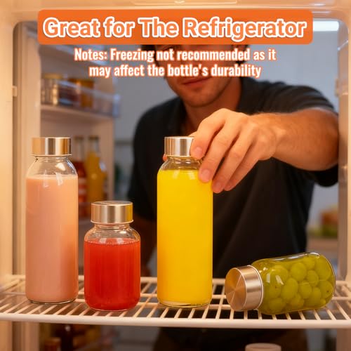 10 oz Glass Water Bottles with Lids - 6 Pack Reusable Leak Proof Juice Bottles with Stainless Steel Caps - Drinking Jars for Juicing, Milk - Includes 6 colorful labels, 1 Folding Funnel, 1 Brush