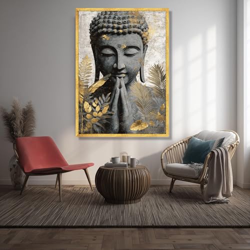 Peinture sur toile feuilles dorées avec bouddha pour intérieur zen