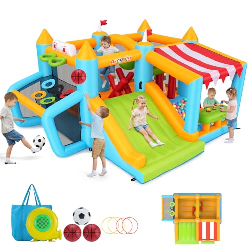 Château Gonflable pour Enfants de 3 à 12 Ans, adapté pour l'intérieur et l'extérieur, avec Parcours d'obstacles, Stand de marché de Jouets, Parc de tir de Football, Piscine à balles et Ventilateur