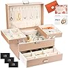 UCAMP Caja Joyero de 3 Niveles,Joyeros Mujer Organizador,Joyero Organizador 14 x 22.5 x 15.5 cm,Grande Caja de Joyas de Cuero PU para Pulseras,Pendientes,Anillos,Collares,Relojes,Beige