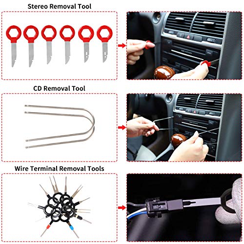 manfiter 148Pcs Trim Removal Tool, Pry Kit Car Panel Tool Radio Removal Tool Kit, Auto Clip Pliers Fastener Remover Pry Tool Kit, Car Upholstery Repair Kit, Prying Tool Kit with Storage Bag (Red)