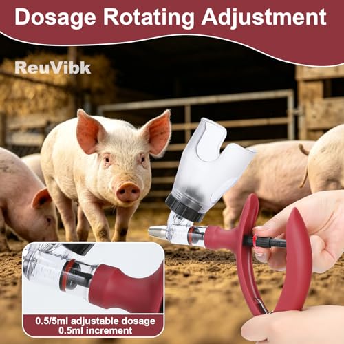 Image of 5ML Livestock Syringe Gun, Automatic Self Refill Injection Gun Continuous Adjustable Bottle Attachment Livestock Animal Syringe with 10 Needles, for Chicken, Duck, Pig, Sheep, Cow Poultry (Rose Red)