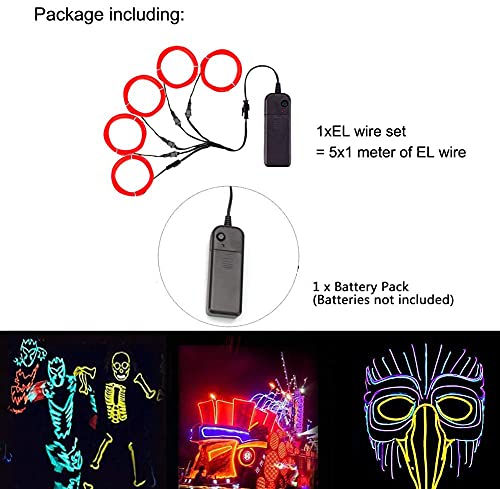 Image of MaxLax Bright Red EL Wire, Noise Reduction Neon Lights Wire 5 in 1 Meter, Electroluminescent Wire for Halloween, Christmas Party, DIY Decoration