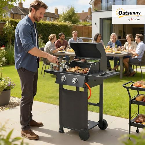 Outsunny Barbecue A Gas Con 2 Bruciatori Da 5.4 Kw, Bbq A Gas Propano Portatile Con Griglia, Ripiani Pieghevoli, Coperchio, Vaschetta Raccogli Grasso, Termometro, Ruote, Per Giardino Esterno, Nero - 2