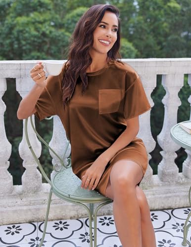 Image of Ekouaer Silky Satin Sleep Shirts for Women Nightshirt Tshirt Night Gowns | Short Sleeve Pajama Dress Round Neck Shirt Dress With Chest Pocket Cooling Nightgowns Lightweight Sleepwear