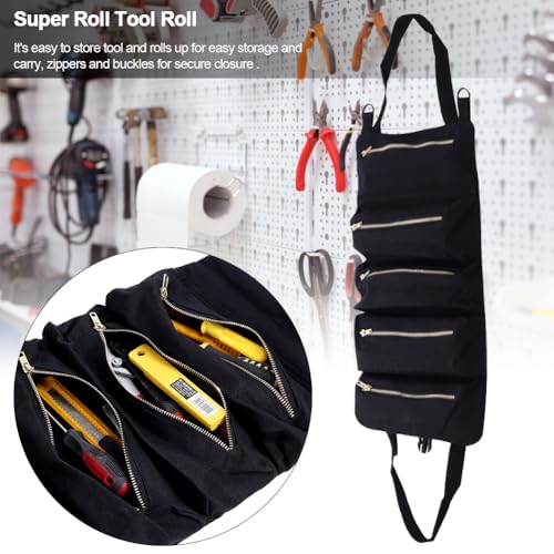 Nikou Tool Roll Up Bag Black Hanging Storage Case Durable Roll Up Pouch Canvass Zipper Carrier Tote - Image 4