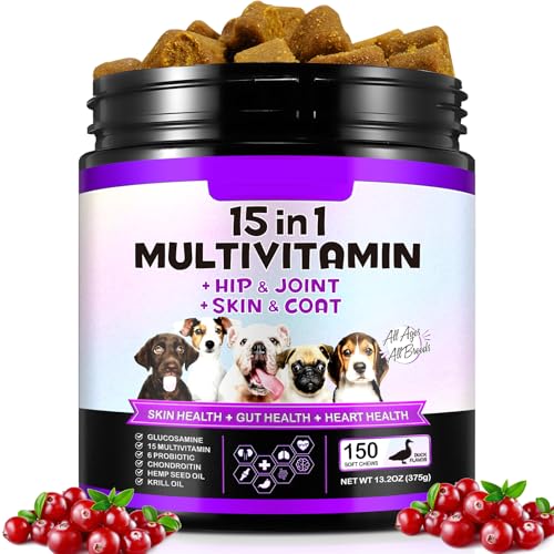 15 en 1 Golosinas Multivitamínicas, 150 Vitaminas Masticables para Perros, Suplementos de Cadera y Articulación, Sistema Inmunológico, Piel y Abrigo, Todas Las Edades y Razas, Sabor a Pato