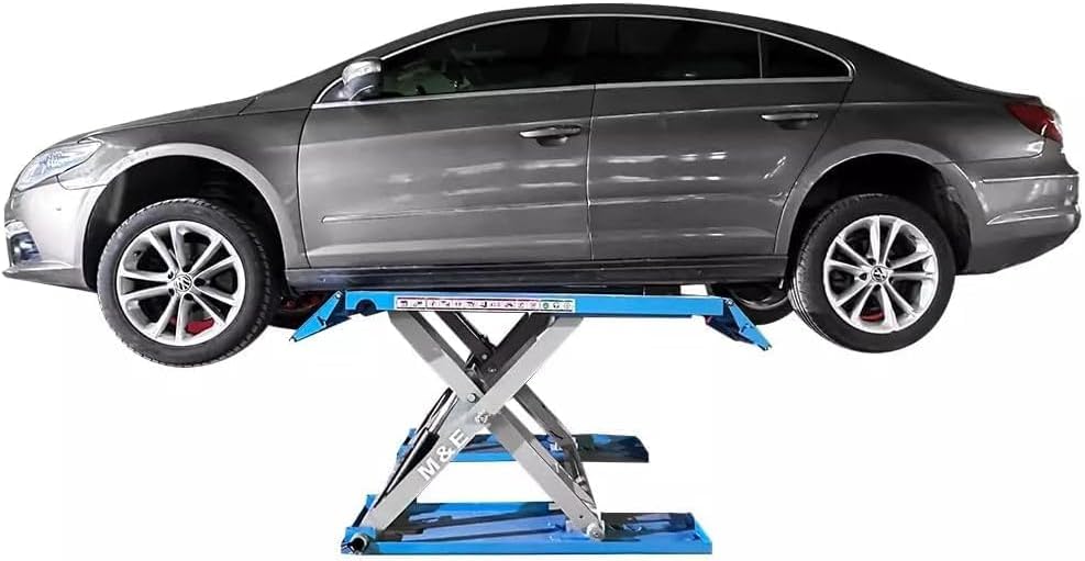A grey car safely positioned on the AUTOKATO ME-8XP Mid-Rise Scissor Lift in a raised position