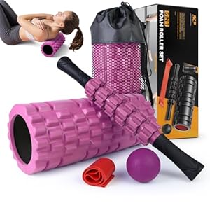5 in 1 Foam Roller Set for Deep Tissue Muscle Massage, Trigger Point Fitness Patented Exercise Foam Roller, Massage Roller, Massage Ball, Stretching Strap, for Whole Body (Pink-Black)