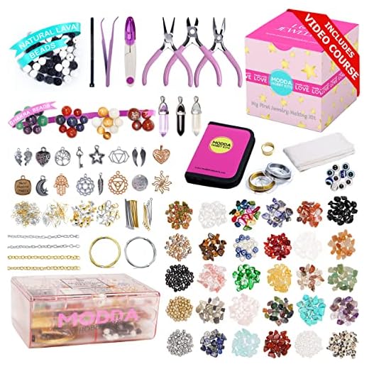 MODDA Natural Stone Jewelry Making Kit with Video Course, Includes Crystal, Lava, Chakra Beads, Necklace, Bracelet, Earrings, Ring Supplies, Crafts for Adults, Beginners, Gift for Teens, Girls, Women
