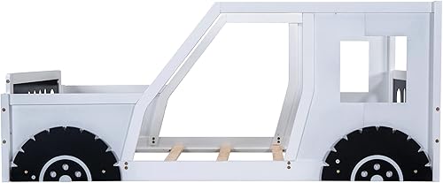 Miniatura 6 de Harper & Bright Designs Cama de suelo tamaño individual con plataforma en forma de automóvil con ruedas, marco Montessori cerca y puerta, madera