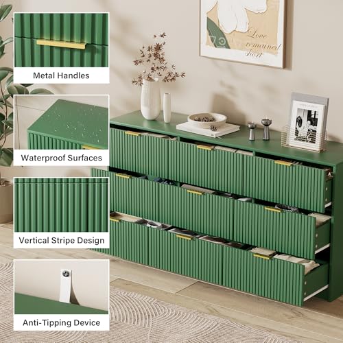 Image of Furniway Green Dresser for Bedroom, Modern Dresser with 9 Drawers and Smooth Slides, Wide Chest of Drawers with Golden Handles for Bedroom, Living Room, Closet, 15.7 inch D x 63 inch W x 31.5 inch H