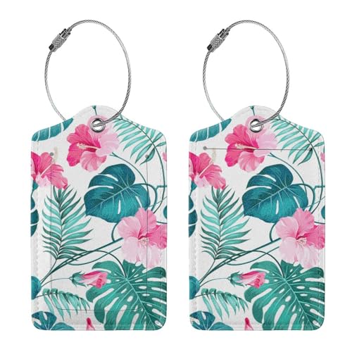 2 Pcs Cute Boho Tropical Flowers and Jungle Palm Trees Luggage Tag for Suitcase, Steel Loop with Privacy Cover ID Label, Birthday Gift Women Men Boy