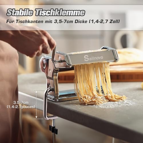 Bild 3 - Sailnovo Nudelmaschine Pasta Maker 180 Aluminiumlegierung mit 9 Einstellbaren Stärkeeinstellungen und 2 Schneidern, Nudelmaschine Manuell für Spaghetti, Fettuccini, Lasagne, Geschenk (Silber)
