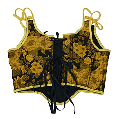 WPOUMV Women's Corset Steampunk Gothic Steel Boned Bustiers Vest Jacquard Lace Up Overbust Corsets Waist Training Bodice 15-yellow - Image 5