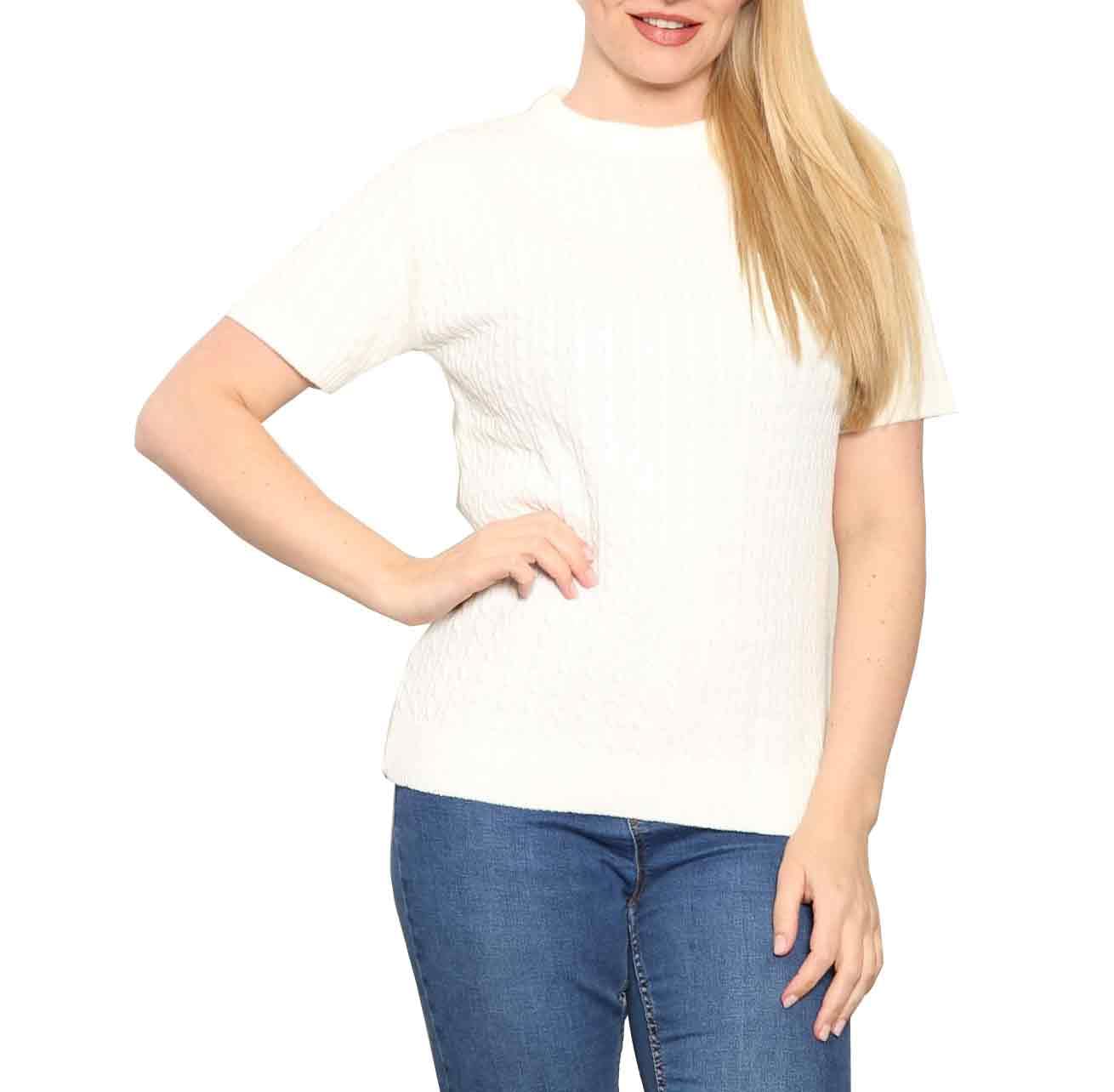 Fairy Boutique Women's Cream Short Sleeves Soft Smooth Cable Knitted Jumper Round Neck Knitwear Half Sleeves Pullover Blouse Sweater Top
