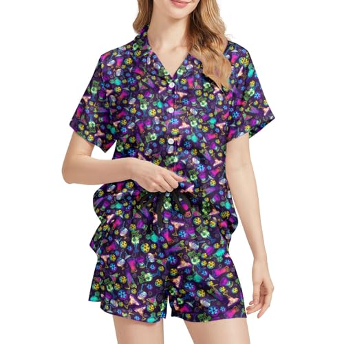 Image of Funny Satin Pajamas Set for Women Button Down Sleepwear Print Pjs Set 2 Piece Short Sleeve Loungewear Gift for Women
