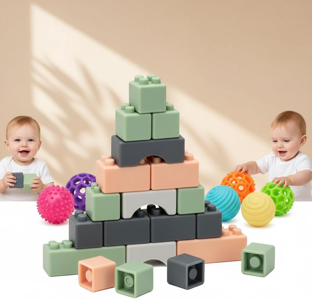 Baby Sensory Balls & Silicone Blocks Bundle, Textured 6‑Pack + 20 PCS Montessori Stacking Set for Babies 6–12 Months