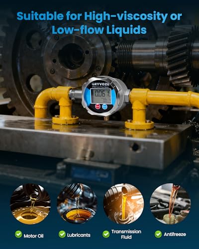 GRYVOZE 3/4 Inch NPT Gear Flow Meter, 0.08–7.93 GPM Digital Oil Low Flowmeter, ±0.5% Accuracy, for Low-Flow High-Viscosity Liquids, Compatible with Motor Oil, Lubricants, Antifreeze & Hydraulic Fluids