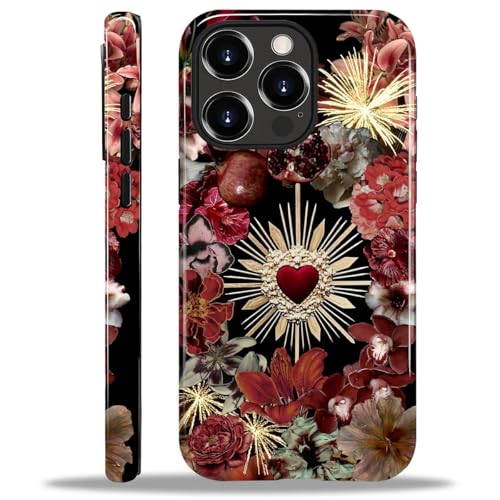 ANLUN STORE Case for iPhone 15 Pro, Hybrid Dual Protection Soft TPU + Hard PC Shockproof Cover Anti-Scratch & Slim Protective for Men Women Case Gothic Red Heart Mysterious Flower Design