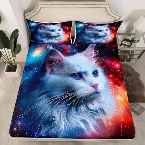 Homewish Drap Housse 90x190 Chat Galaxie avec 1 Taie d'oreiller, Drap-Housse 1 Personne Chaton Blanc pour Fille, Drap de Lit Animaux de Compagnie Mignon, Housse de Matelas Ciel Étoilé