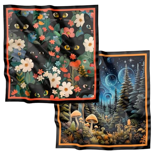 2PCS Scarf Silk Feeling Satin Head Hair Wrap Lightweight Large Square Fashion Cute Aesthetic 27.5 Inches for Women-Cat