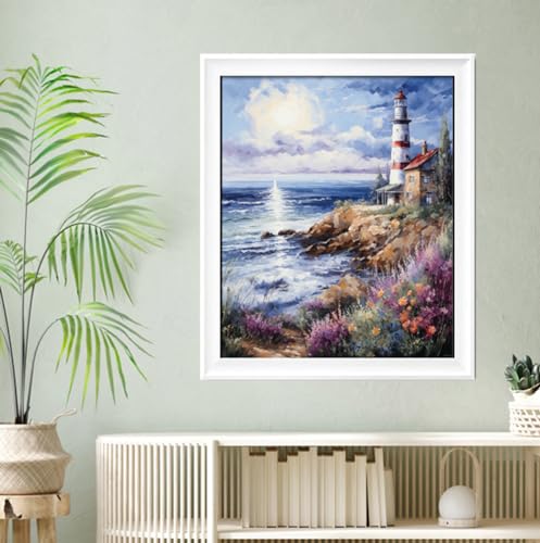 Image of Leczany Cross Stitch Stamped Kit for Adults - Seaside Lighthouse | DIY Embroidery Starter Patterns Craft Kit Needlepoint for Beginner | 11CT, 3 Strands | 13.8x16.9 inches