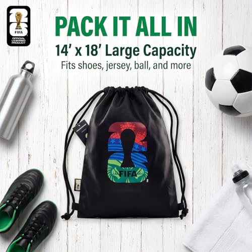Image of FIFA World 2026 Cup Official Licensed Drawstring Backpack Bag, Sports Gym Sackpack for Adults Men Women Outdoor Travel Beach (Black+Colorful)